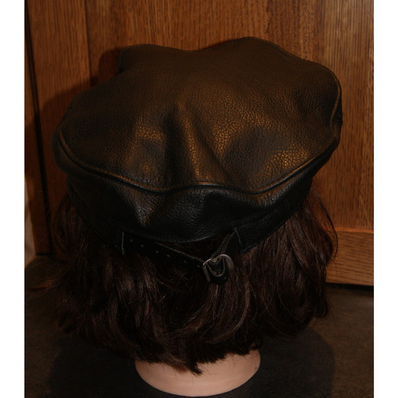 Vintage Biker Motorcycle Black Leather Cabbie Captain Cap Hat Strapback USA Made - Picture 4 of 7